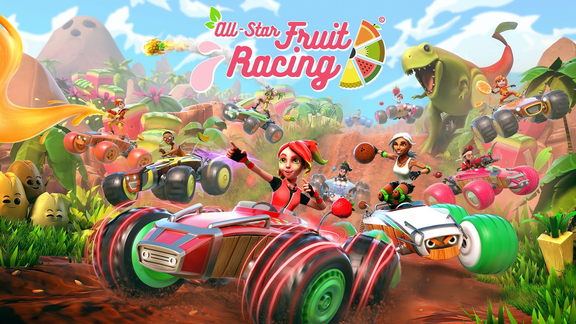 All-Star Fruit Racing key art showing colorful karts speeding along with a dinosaur-like monster in the background.