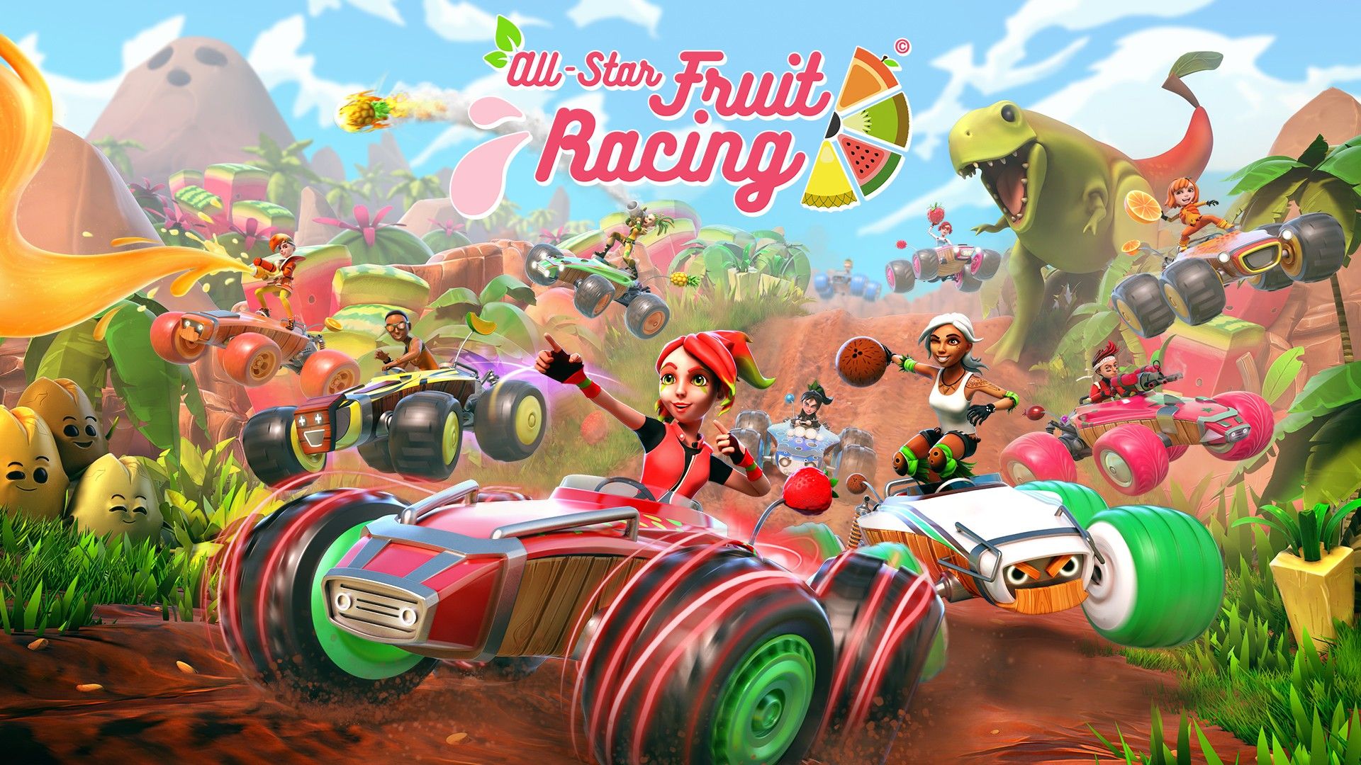 All-Star Fruit Racing key art showing colorful karts speeding forward with a dinosaur-like monster in the background.