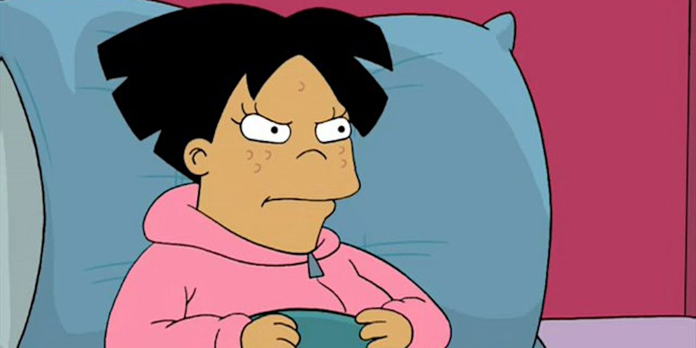 Amy in Futurama lying in bed sick with skin blemishes and an annoyed look on her face