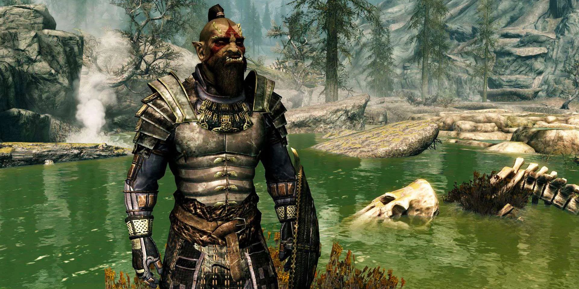 Screenshot of a bearded Orc in Skyrim wearing Nordic armor in a small lake.