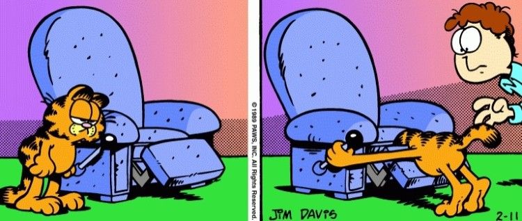 Uma imagem de uma história em quadrinhos do Garfield mostrando Garfield enfiando a cabeça em um sofá