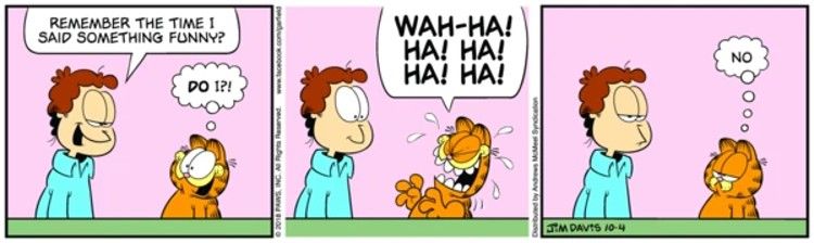 Uma imagem de uma história em quadrinhos de Garfield mostrando Garfield sendo sarcástico com seu dono, Jon