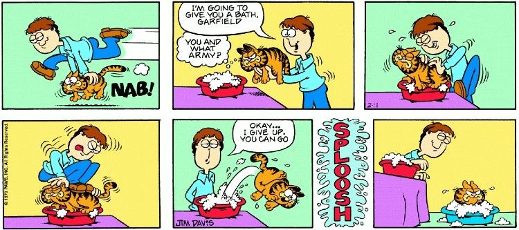 Uma imagem de uma história em quadrinhos de Garfield mostrando Garfield sendo enganado para tomar banho