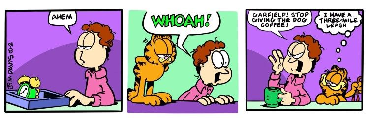 An image of a Garfield comic strip showing Garfield giving a dog coffee