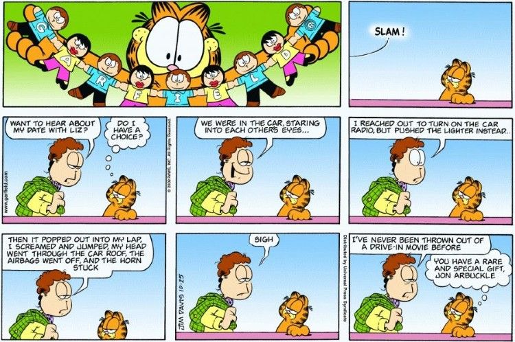 Uma imagem de uma história em quadrinhos de Garfield mostrando Jon explicando seu encontro terrível para Garfield