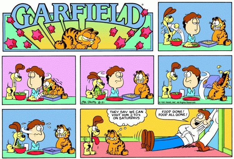Uma imagem de uma história em quadrinhos do Garfield mostrando o gato titular e Opie irritando seu dono