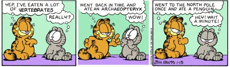 Uma imagem de uma história em quadrinhos do Garfield mostrando o gato titular se gabando para uma felina