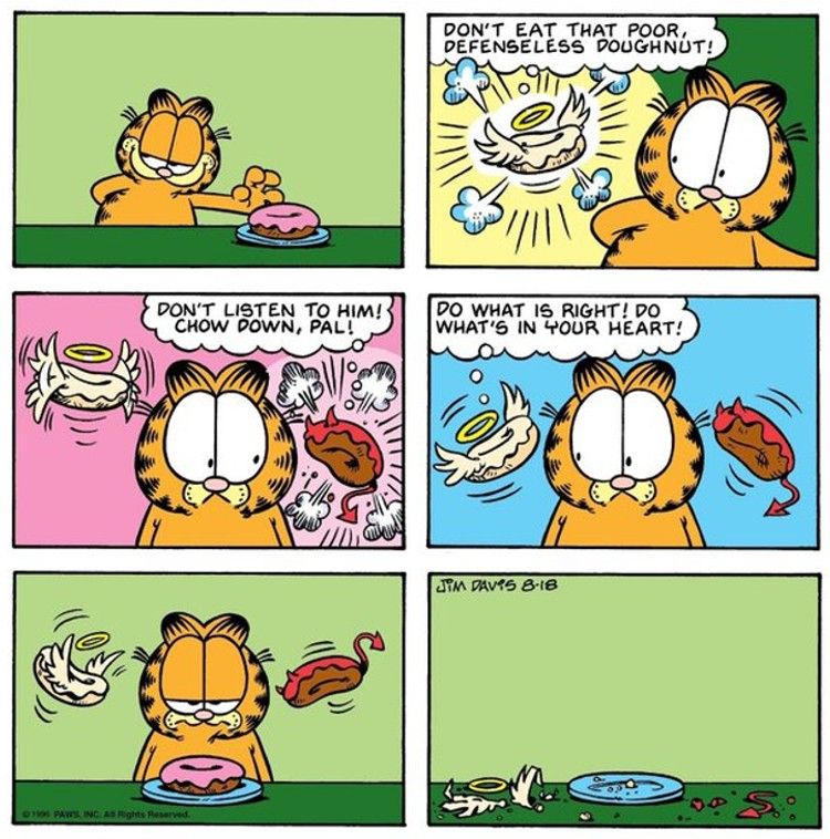 Uma imagem de uma história em quadrinhos do Garfield mostrando o gato titular comendo rosquinhas.