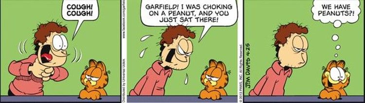 An image of a Garfield comic strip showing the titular cat looking for peanuts