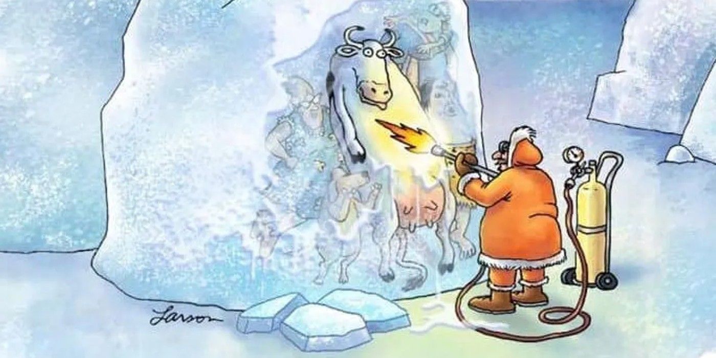 An image of Santa thawing out some cows in The Far Side comic art