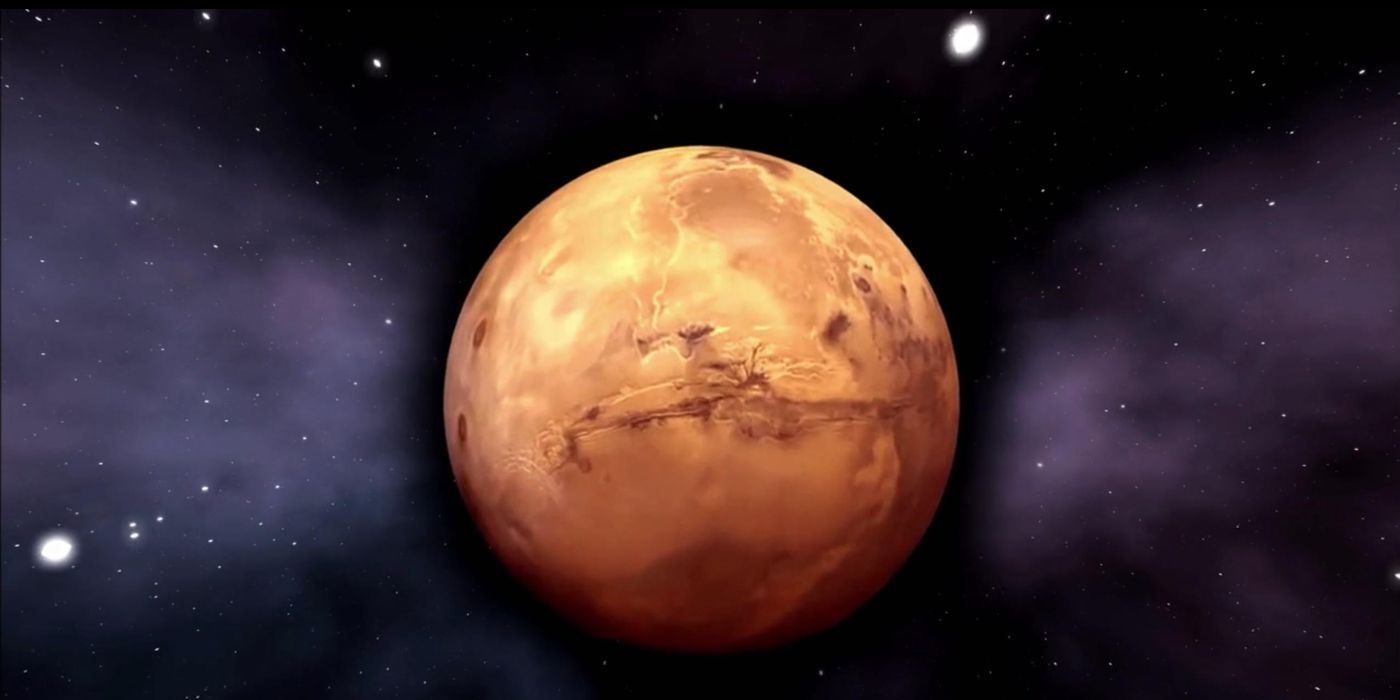 A CGI picture of the planet Mars as seen in the Ancient Aliens episode Destination Mars.