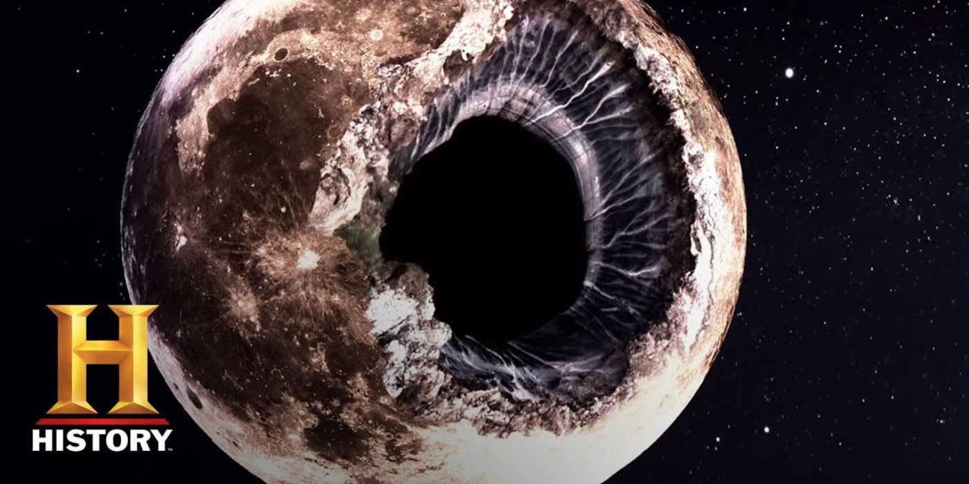 Uma imagem CGI da lua como visto no episódio Space Station Moon de Ancient Aliens. 