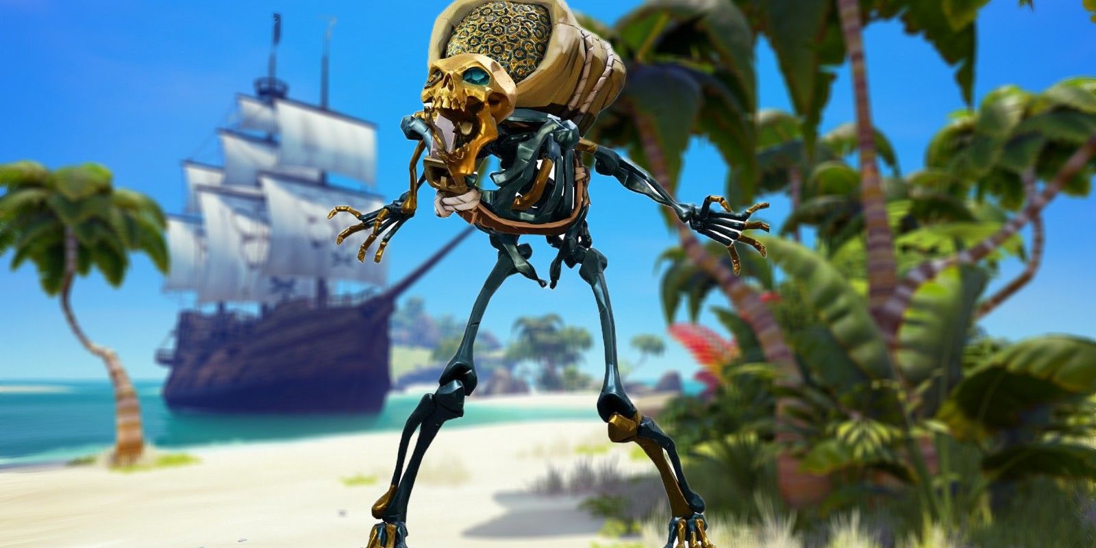 An Ancient Skeleton stands in a threatening pose on a blurry backdrop of an island in Sea of Thieves, with a ship docked by the beach.