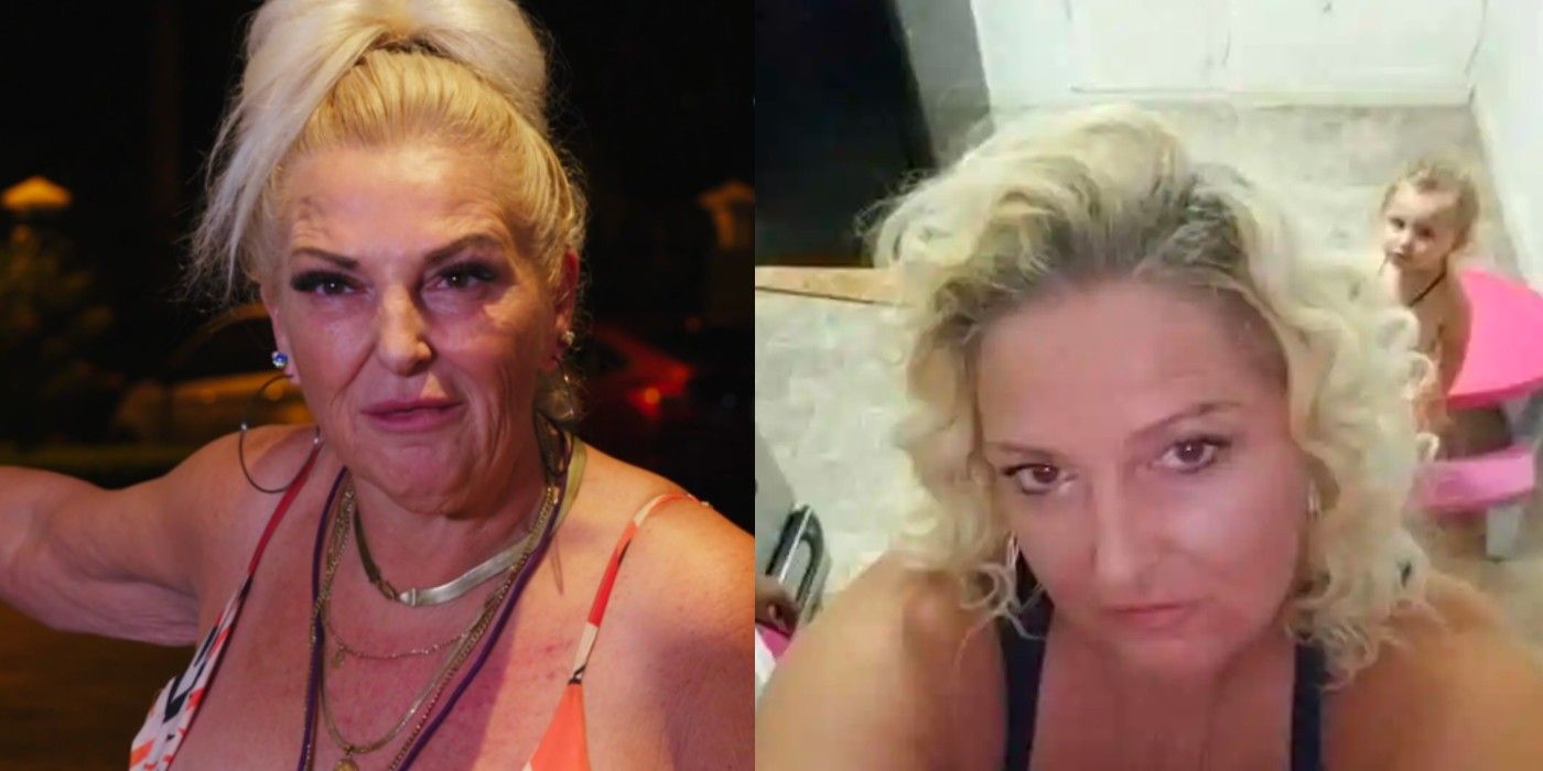 Angela Deem from 90 Day Fiance split image looking serious with left showing her present-day style and right a throwback.