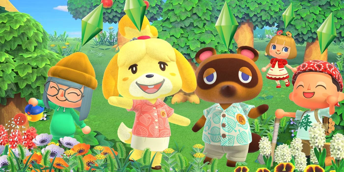 Animal Crossing New Horizons Isabelle and Tom Nook waving with green diamonds from The Sims above their heads.