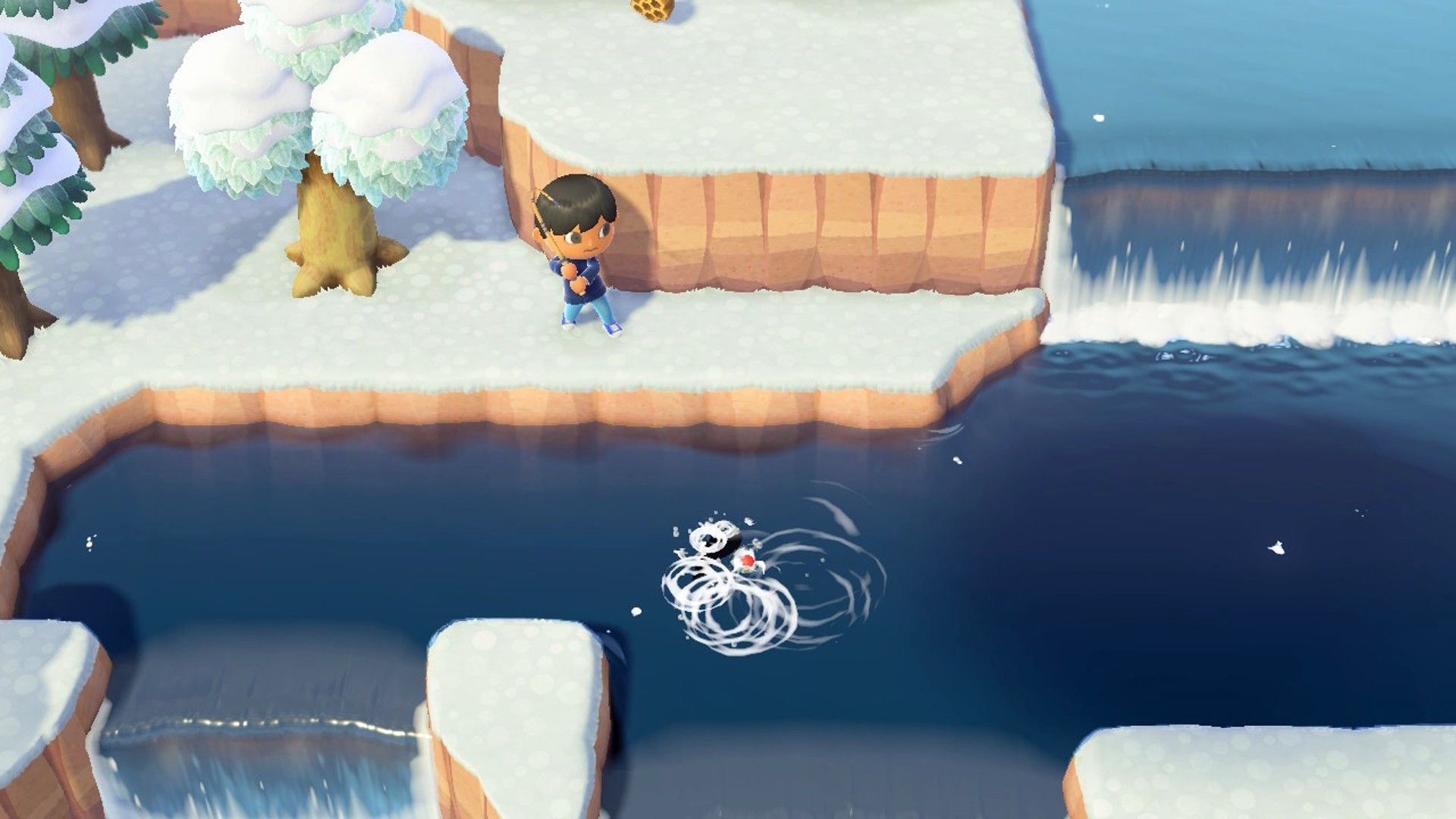 Animal Crossing New Horizons Player Struggling To Catch Fish Near Waterfalls
