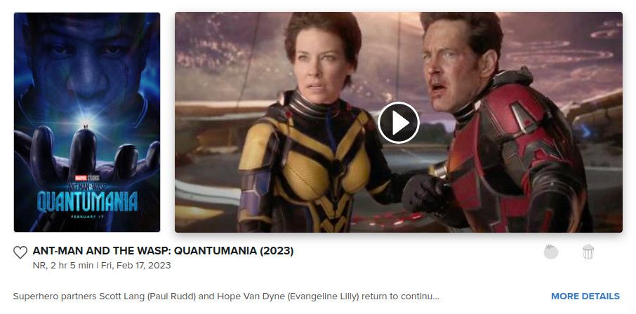 A screenshot of Fandango's Ant-Man and the Wasp Quantumania page showing the poster featuring Jonathan Majors' Kang holding Ant-Man in his hand and a frame from a video of Ant-Man and the Wasp in their costumes looking dramatic