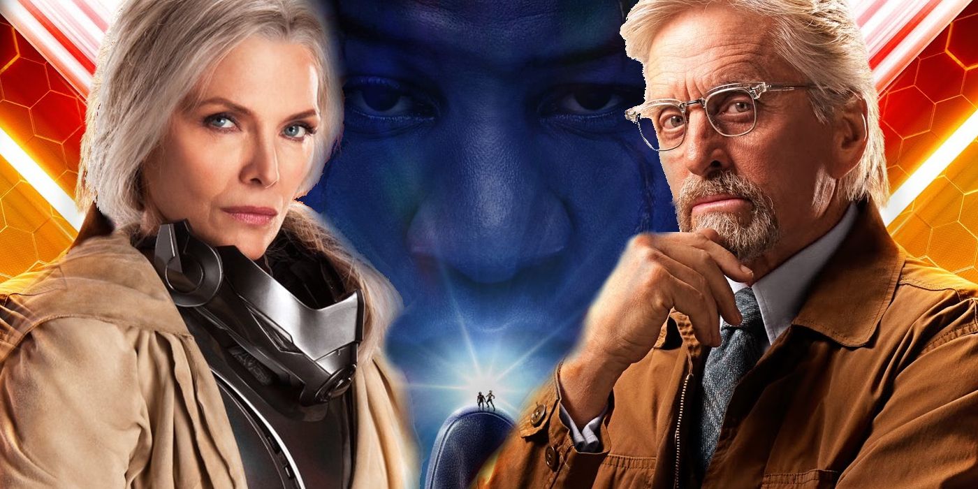 Split Image: Michelle Pfeiffer as Janet van Dyne; Kang the Conqueror (Jonathan Majors) holding Ant-Man and the Wasp in his hand; Michael Douglas as Hank Pym
