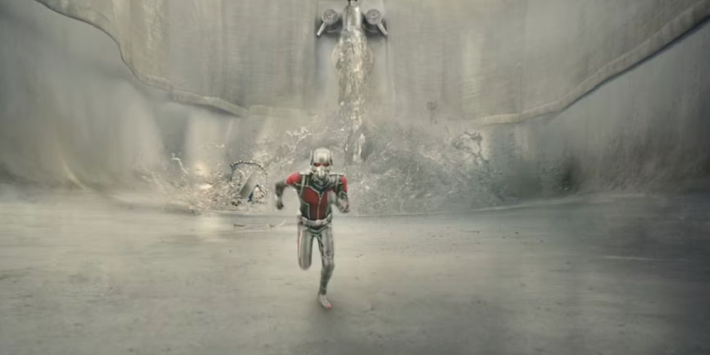 Tiny Ant-Man runs from water in a bathtub.