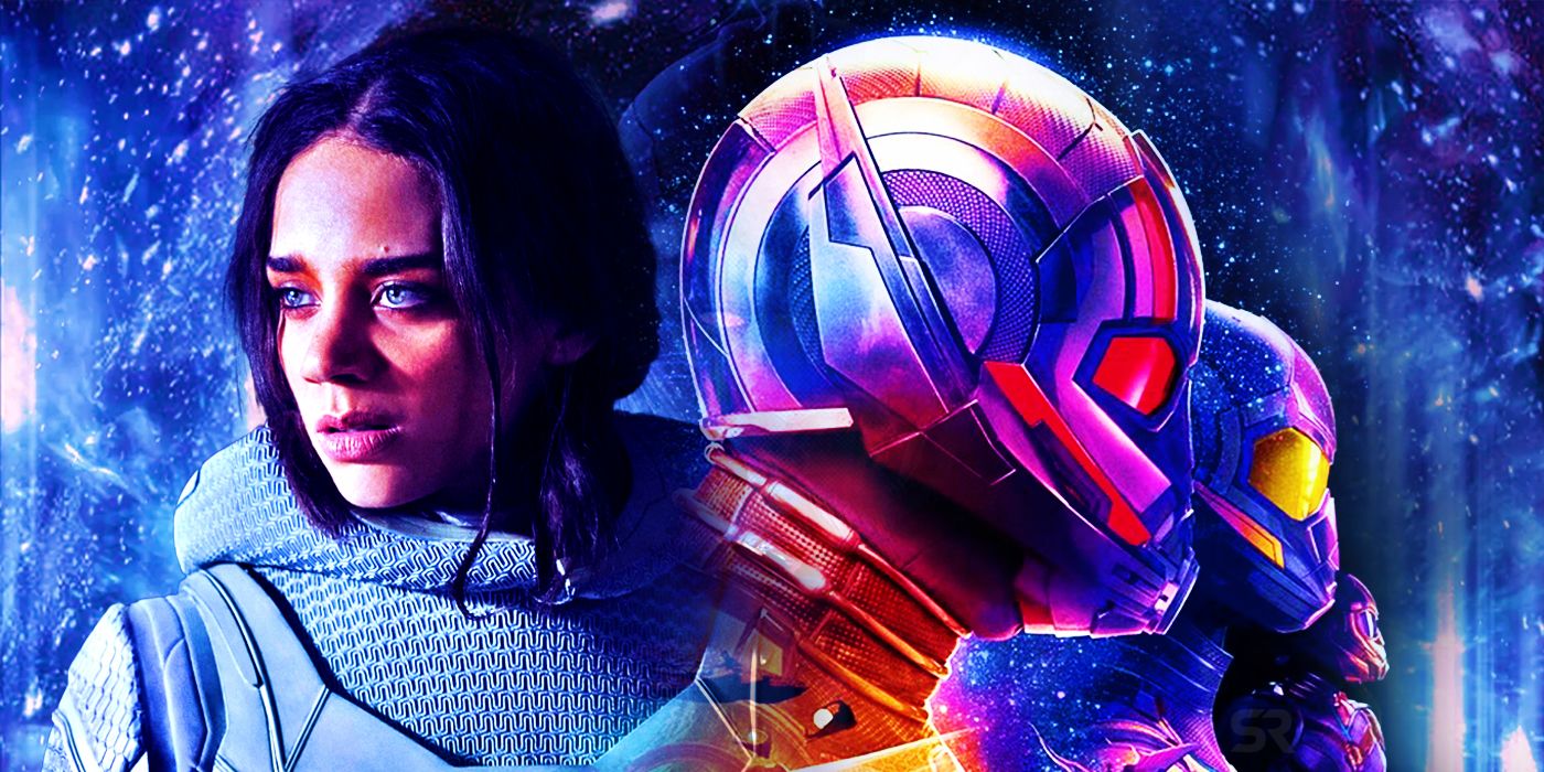 Split Image: Hannah John-Kamen as Ghost; Quantumania poster with Ant-Man, the Wasp, and Stature
