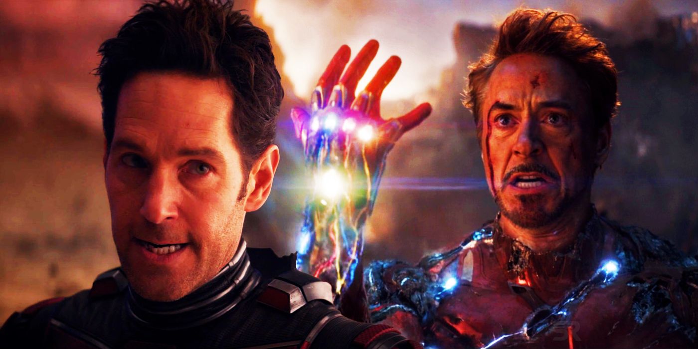 Split Image: Ant-Man (Paul Rudd) faces off against Kang (off-screen); Tony Stark (RDJ) prepares to snap his fingers using the Infinity Gauntlet