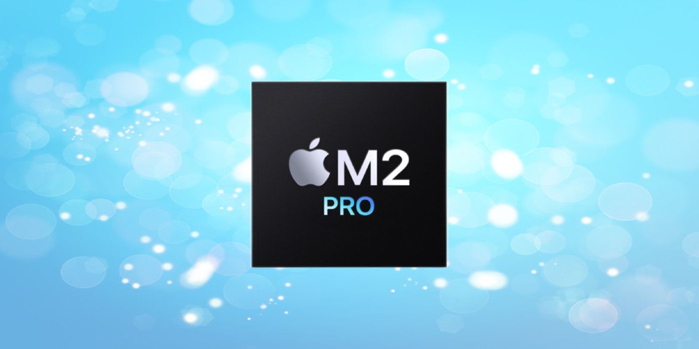 Apple M2 Pro chip on blue-green gradient background with superimposed blurry lights