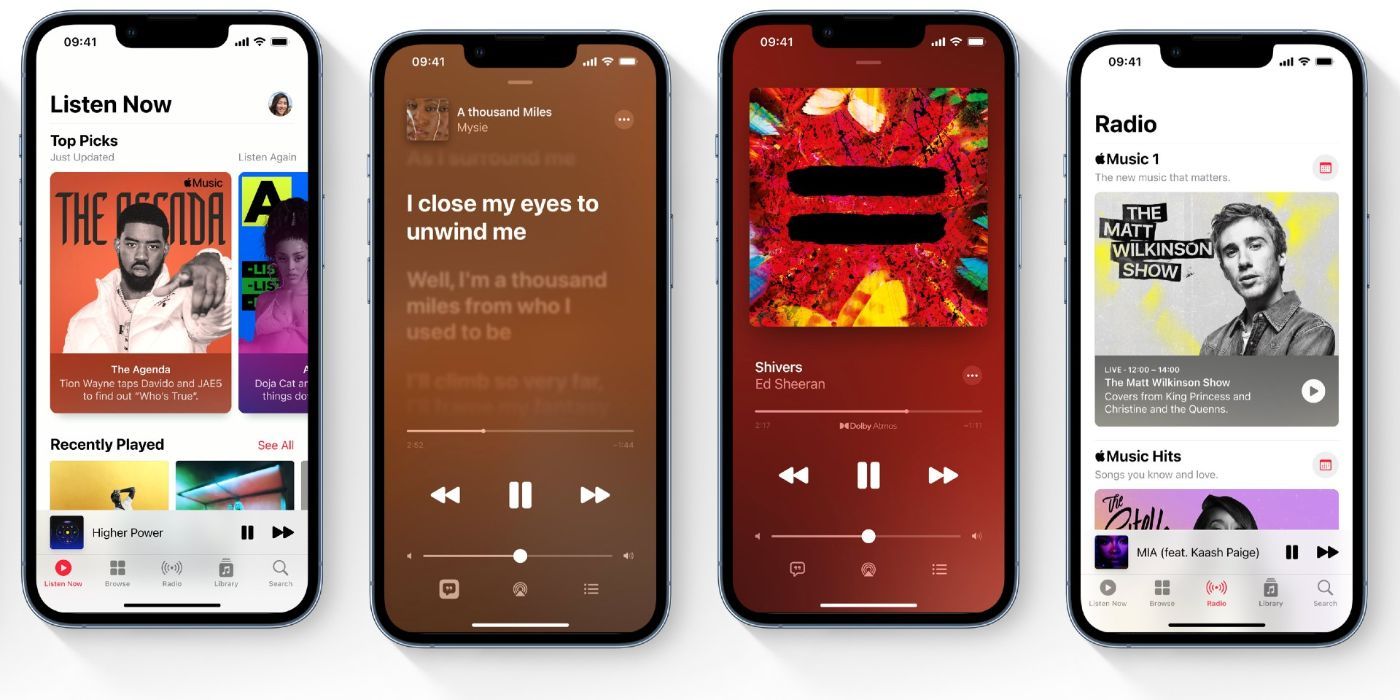 Four screenshots show the Apple Music app interface.