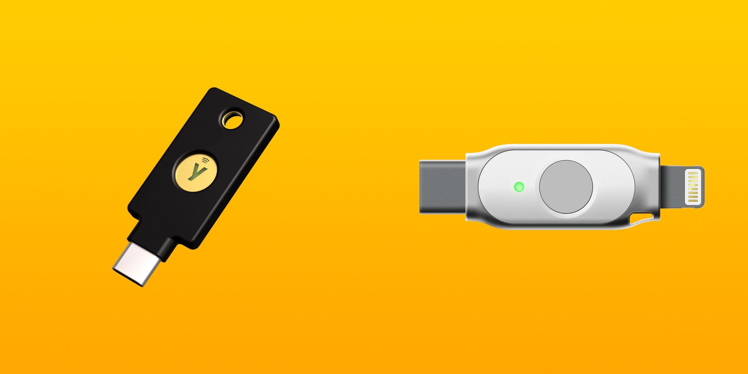 The Yubikey USB-C and FEITIAN iePass Security Keys against a yellow gradient background.