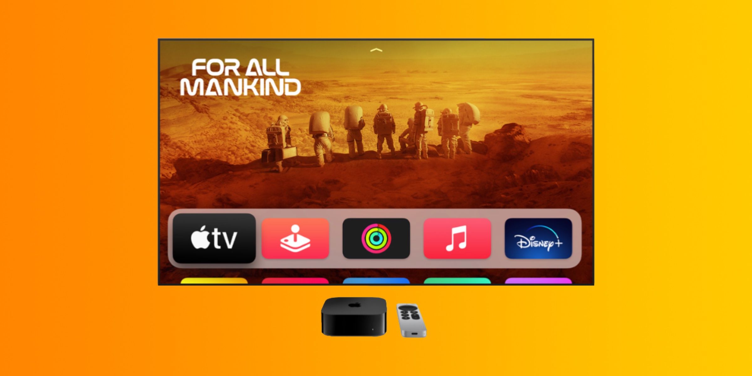 The Apple TV 4K connected to a TV showing the Home Screen, next to a Siri Voice Remote.