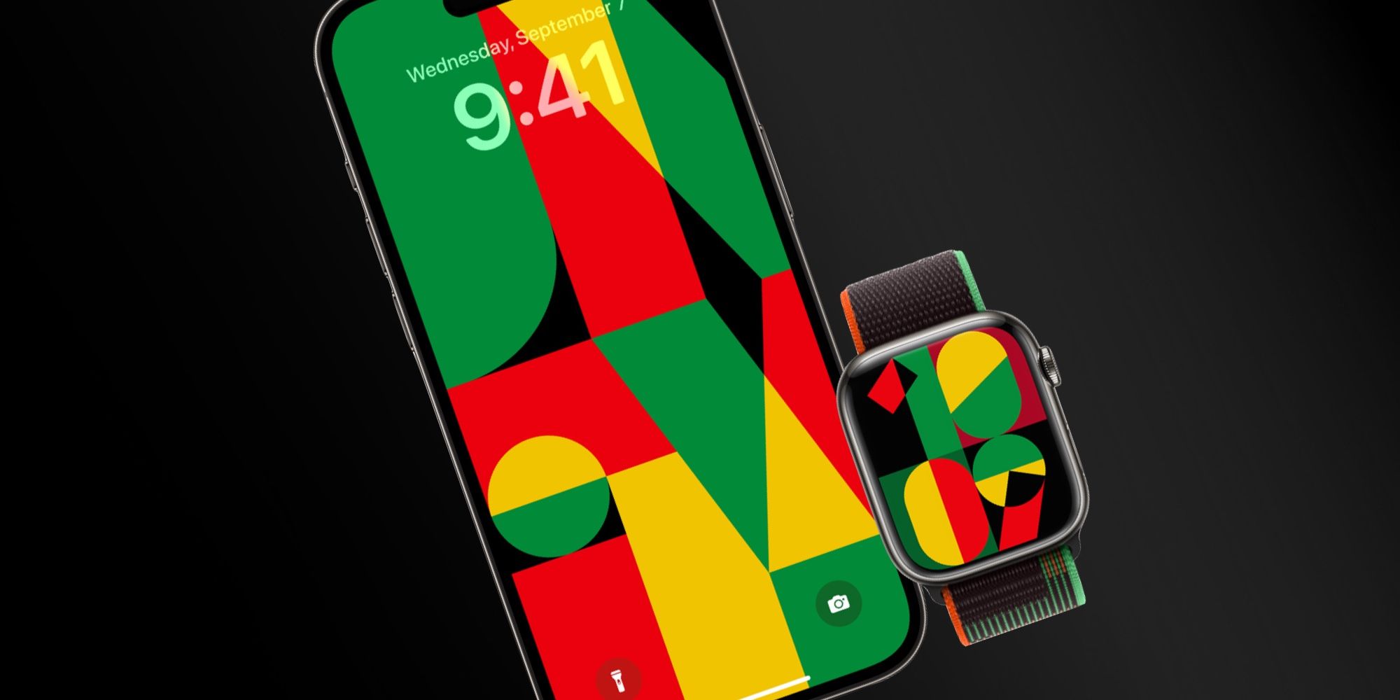 iPhone with Unity wallpaper next to Apple Watch with Unity Mosaic watch face