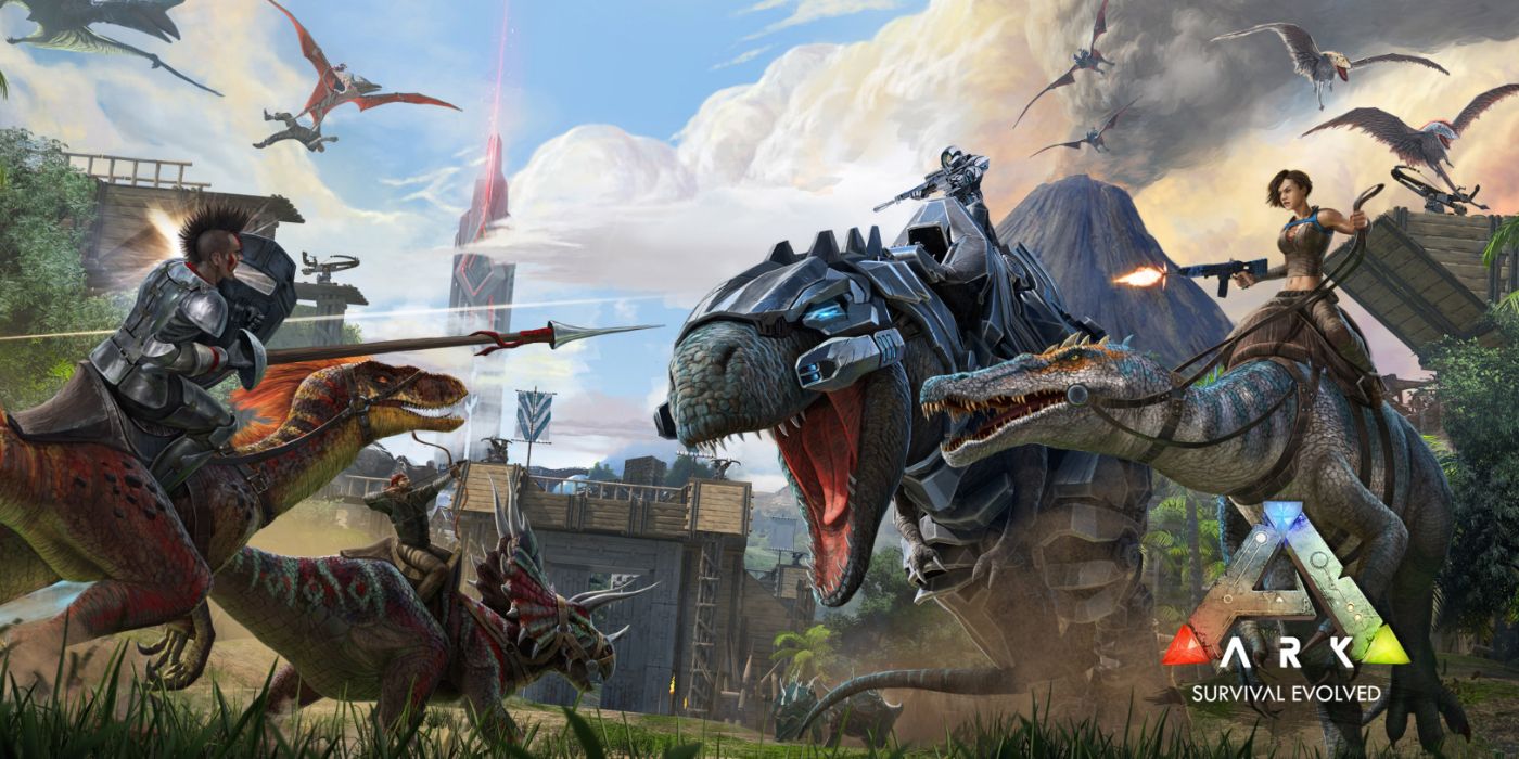 Ark: Survival Evolved promo art depicting a war between survivors and their mounted dinosaurs.