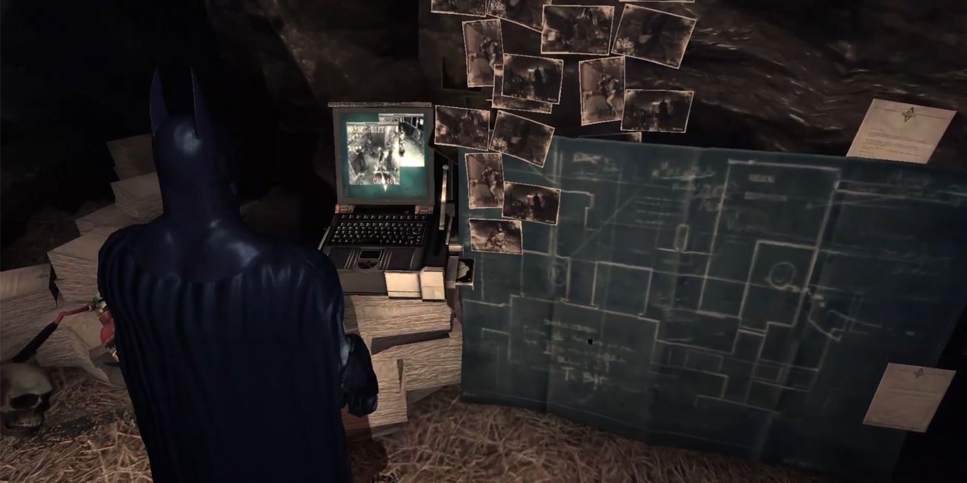 Scarecrow's lair hidden beneath Arkham Asylum's Intensive Treatment elevators. The walls are plastered with pictures of Batman, showing the villain has been monitoring him.