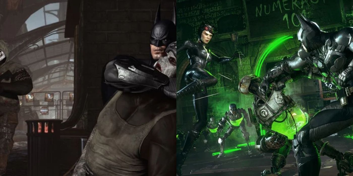 Split image of Batman's stealth combat in Arkham City and freeflow combat in Knight with Catwoman.