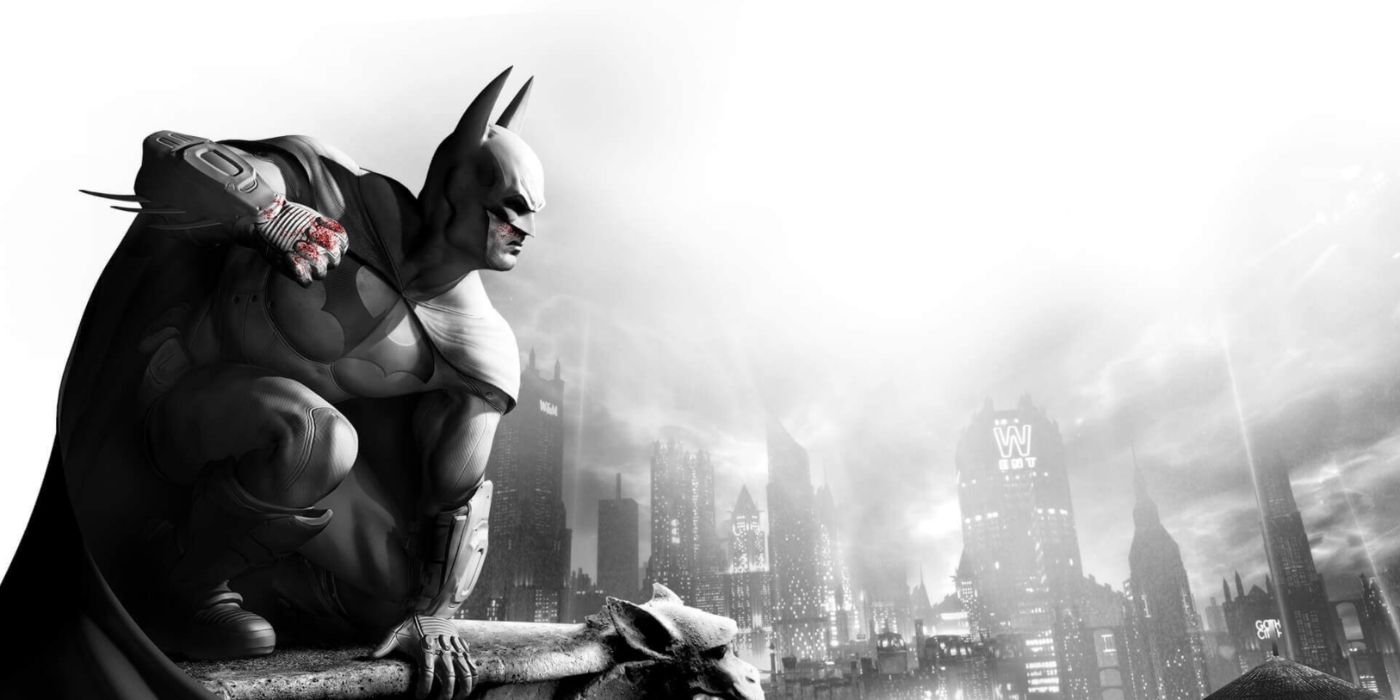 Arkham City promo art featuring a bloodied Batman perched atop a gargoyle.