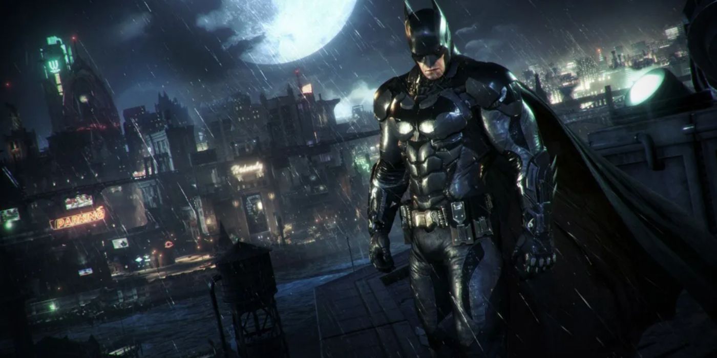 Arkham Knight promo art featuring Batman standing with the Gotham cityscape in the background.
