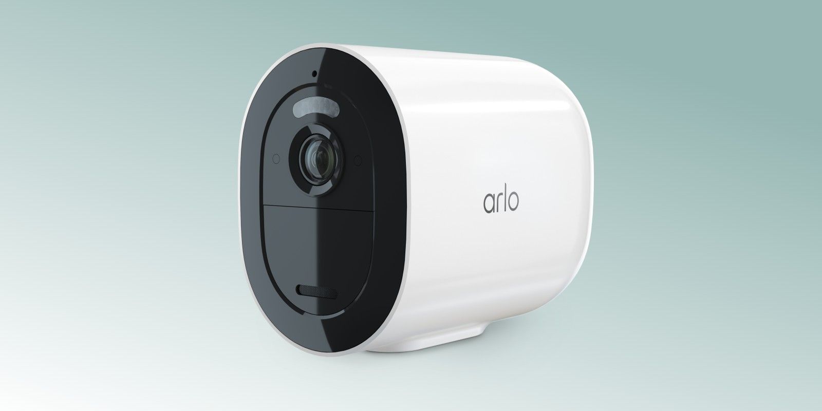 A photo of an Arlo Camera against a green gradient background