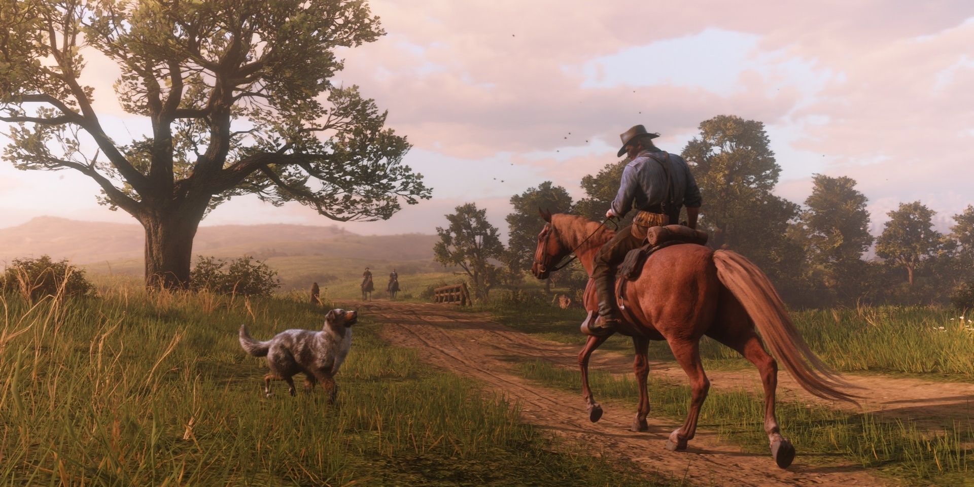 Arthur Morgan from Red Dead Redemption 2 trotting on a horse while passing by a black and white spotted dog.