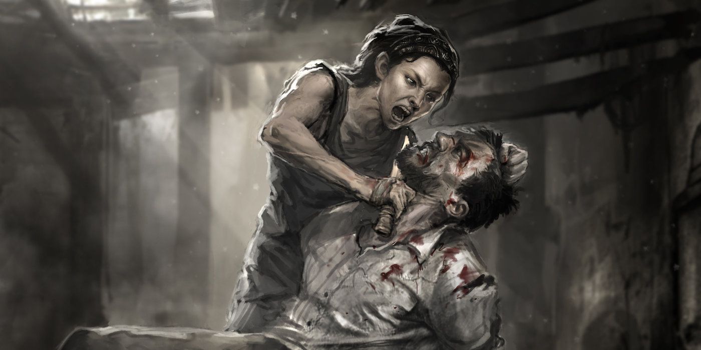 Arte conceitual de Tess torturando Joel em The Last of Us