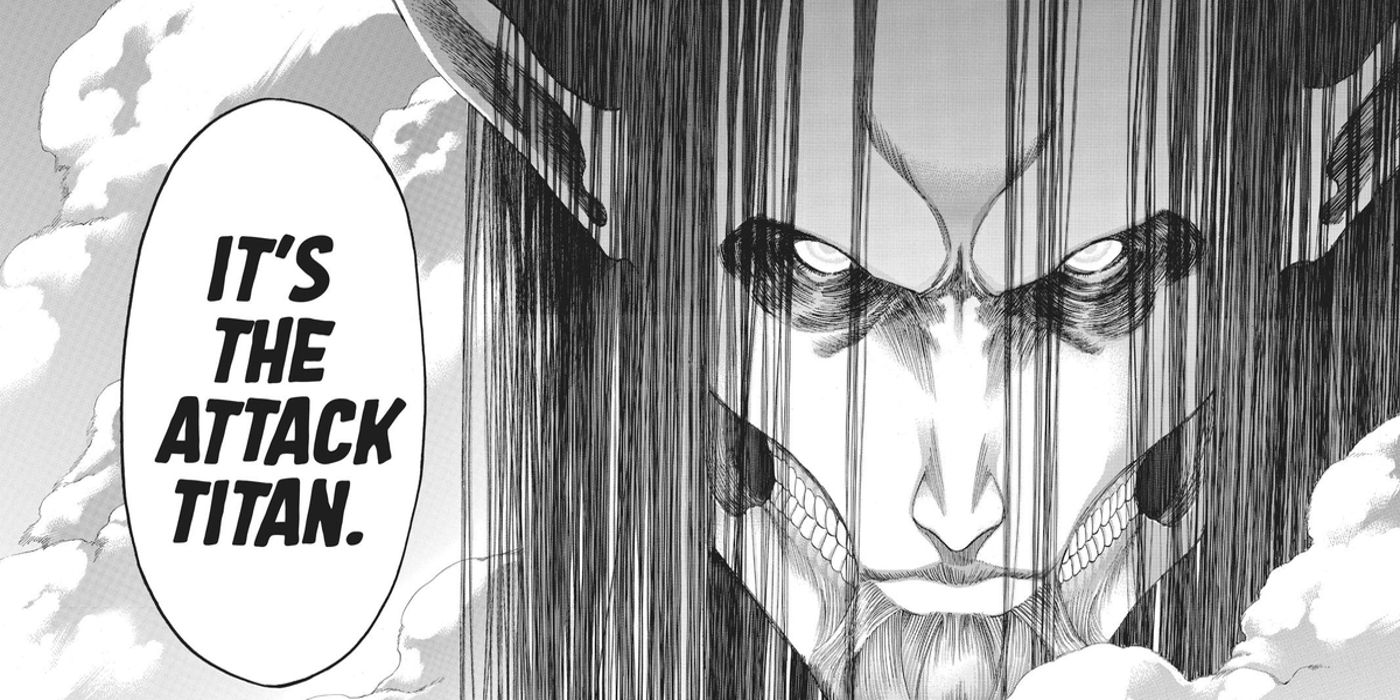 A panel from Attack on Titan of the Attack titan staring menacingly