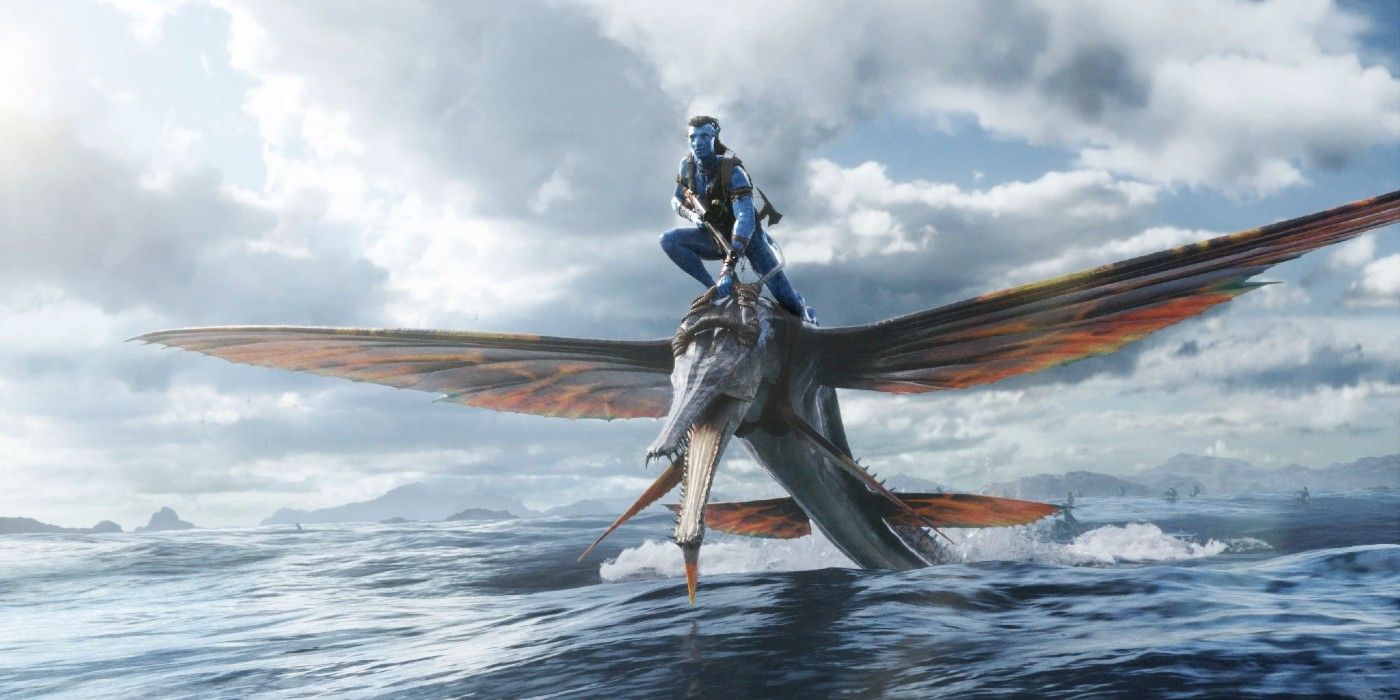 Jake riding on a Pandora creature in Avatar 2