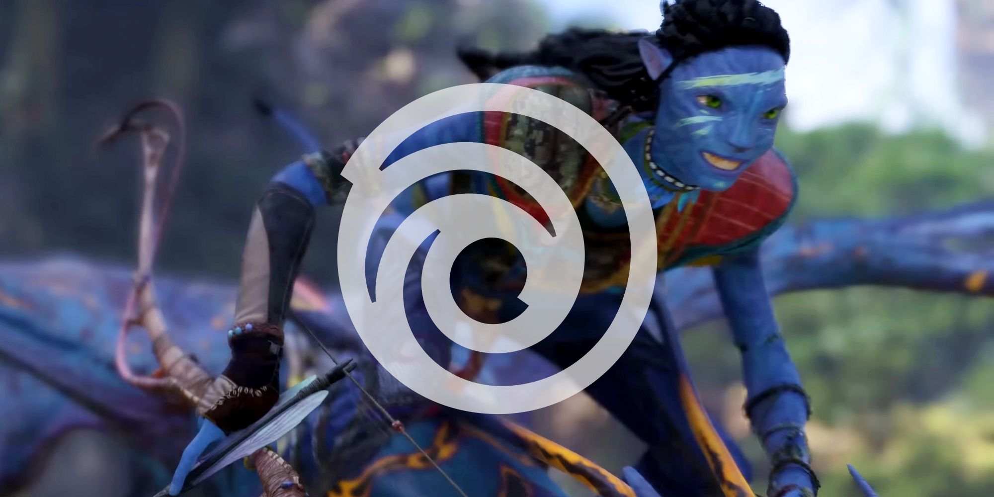 A screenshot from the Avatar: Frontiers of Pandora trailer showing a Na'vi riding a toruk, overlaid by a translucent Ubisoft logo.
