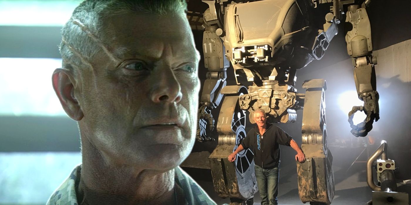 Custom image of Quaritch in Avatar and Stephen Lang standing with a life-sized AMP suit. 