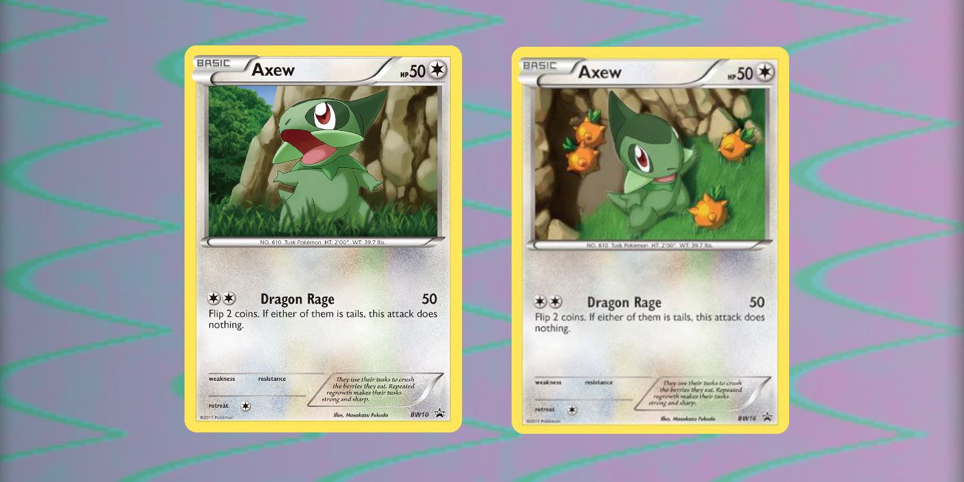 Two Black Star Promo cards of Axew from the Pokémon Trading Card Game.