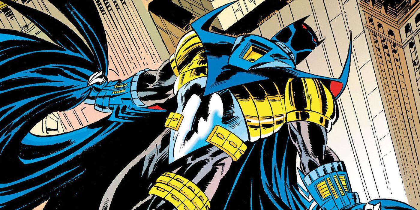 Painel de quadrinhos de Batman: Knightfall retratando Jean Paul Valley como o Cavaleiro das Trevas em seu batsuit blindado.  Ao contrário do traje tradicional de Batman, o traje de Valley é blindado, com detalhes em branco, dourado e azul contra uma base preta.
