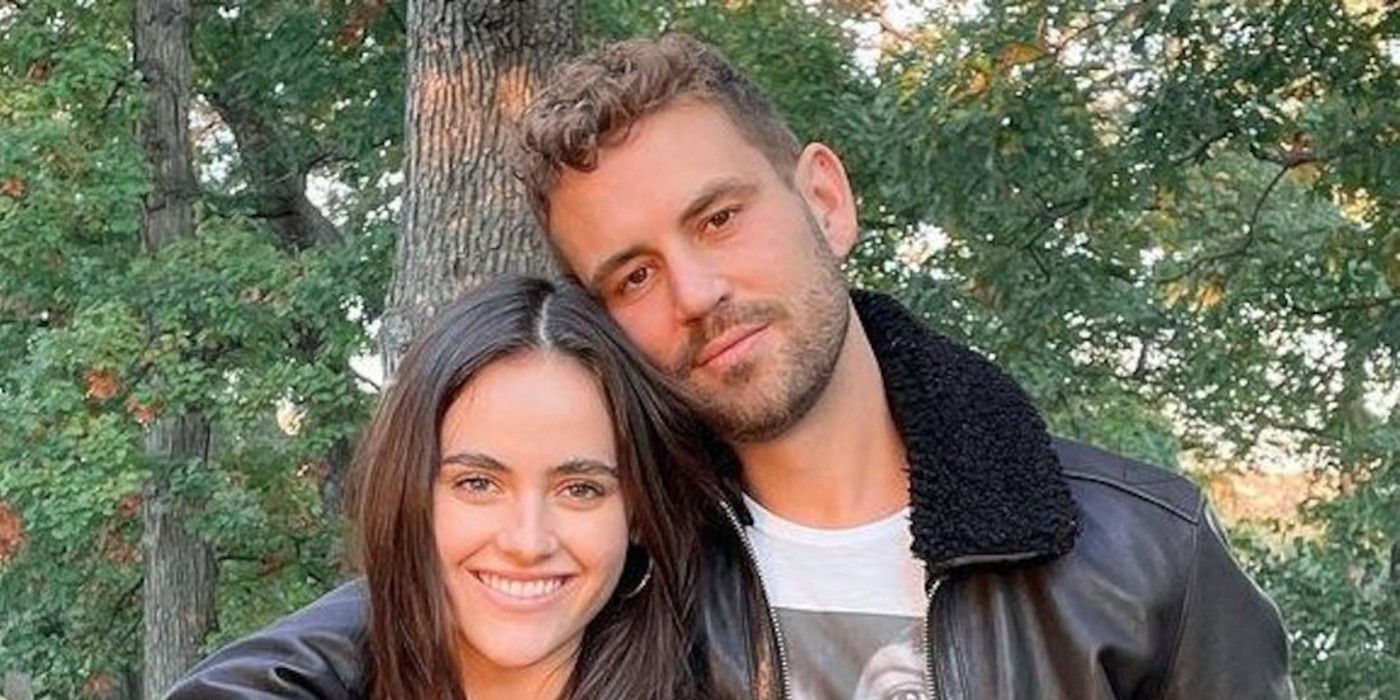Bachelor&rsquo;s Nick Viall and Natalie Joy smiling outside