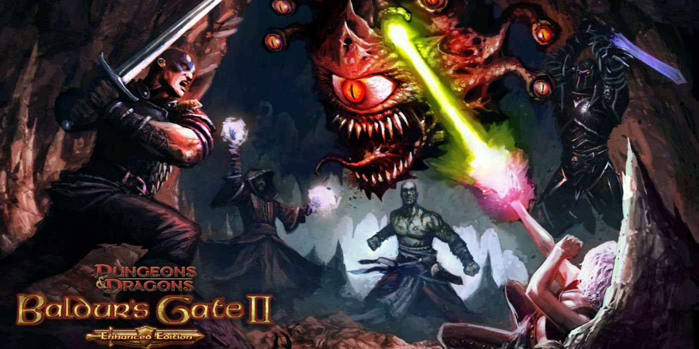 Arte promocional de Baldur's Gate II apresentando os heróis lutando contra o Beholder.