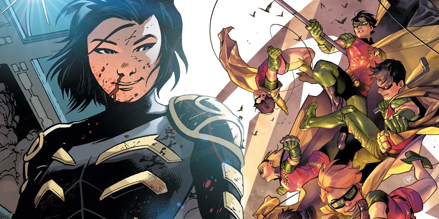 Batgirl Cassandra Cain (right, foreground) with various incarnations of Robin (left, background)