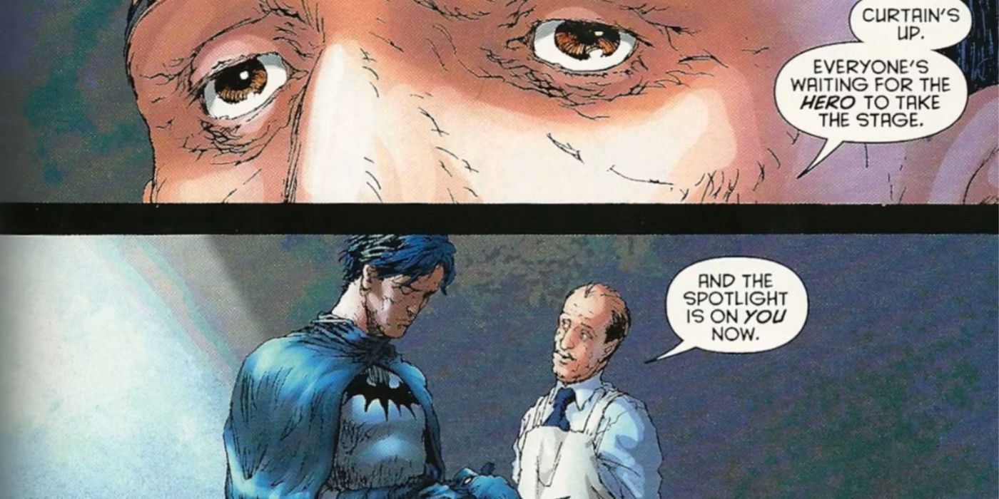 Alfred incentivando Dick Grayson sobre como abraçar seu papel como Batman.