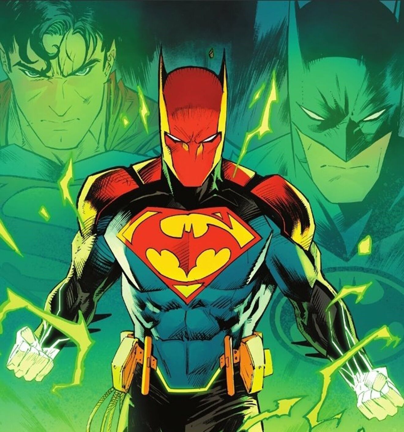 Batman and Superman merge into one superhero using Hal Jordan's Green Lantern ring