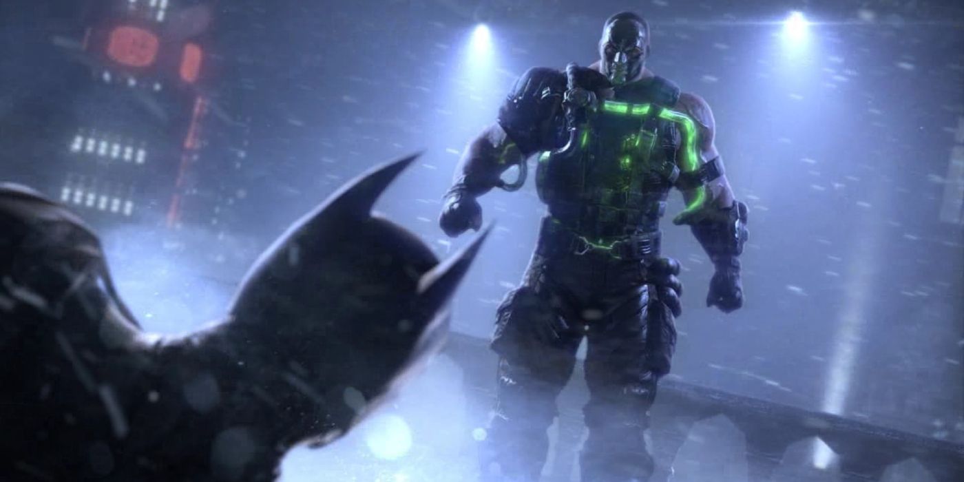Bane approaches a stunned Batman during a blizzard on a Gotham City balcony in Batman: Arkham Origins.